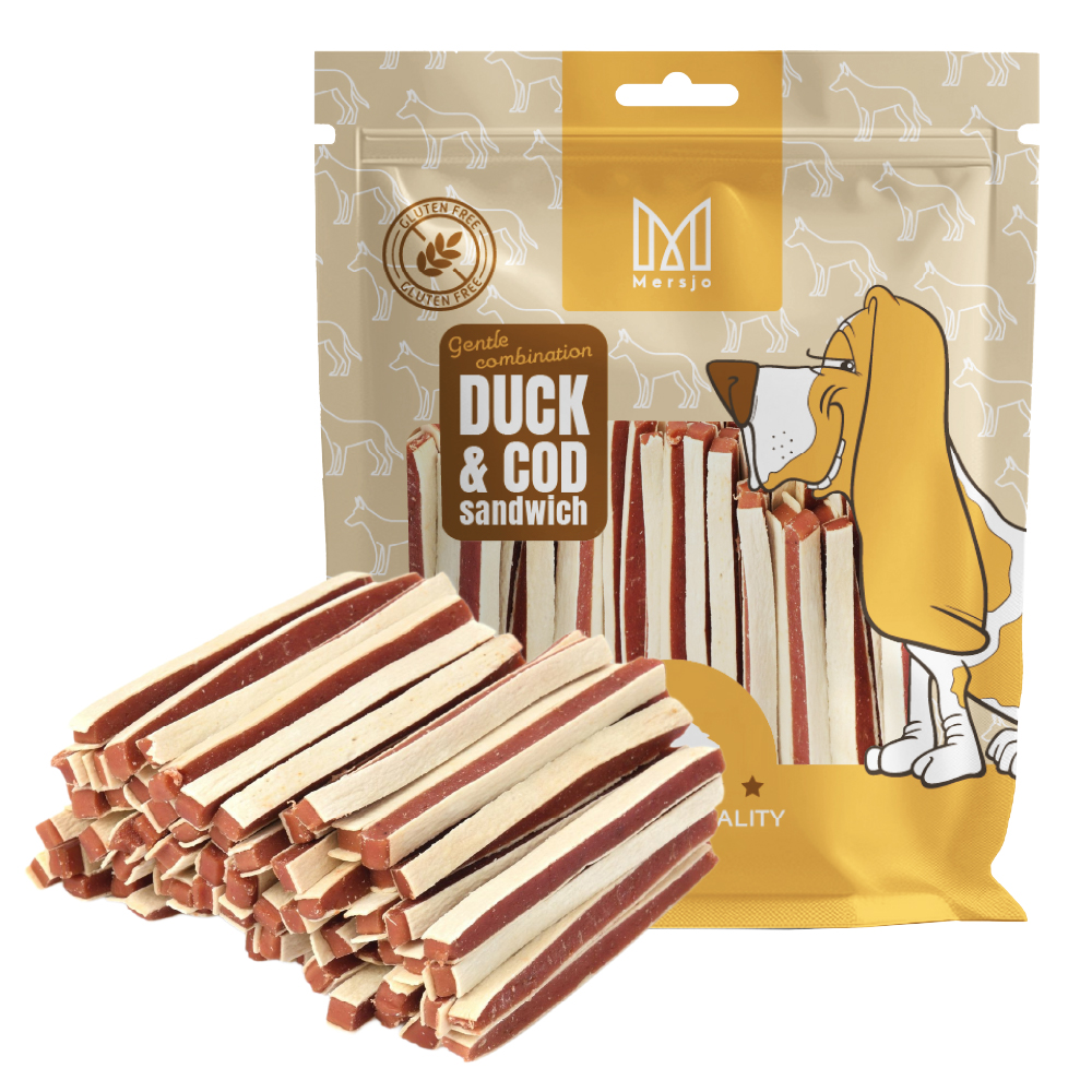 MERSJO měkké kachní proužky sandwich pamlsky pro psy 500g